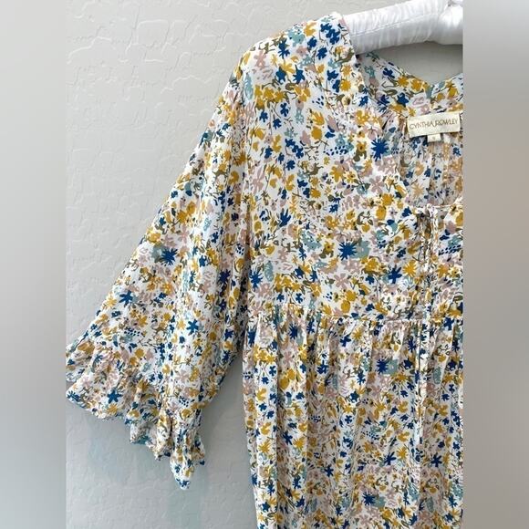 CYNTHIA ROWLEY | White Flowy Peasant Boho Floral 3/4 Sleeve Blouse | Small - Picture 3 of 8